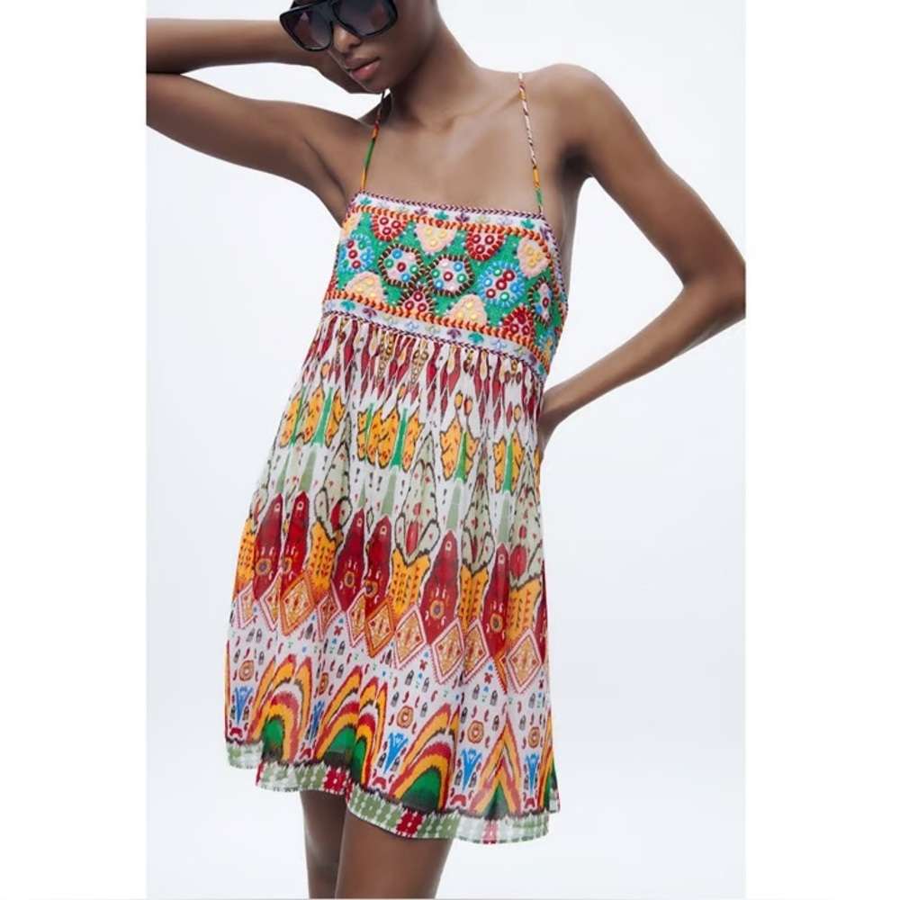 Trend Zara Embroidered  Strappy Open Back Boho Tribal Artsy Ethnic Mini Dress